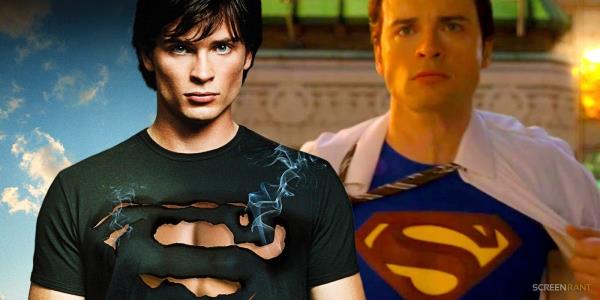 Tom Welling with a ripped black shirt in the shape of an S in a Smallville promo poster and opening up his shirt to reveal the Superman suit in the series finale