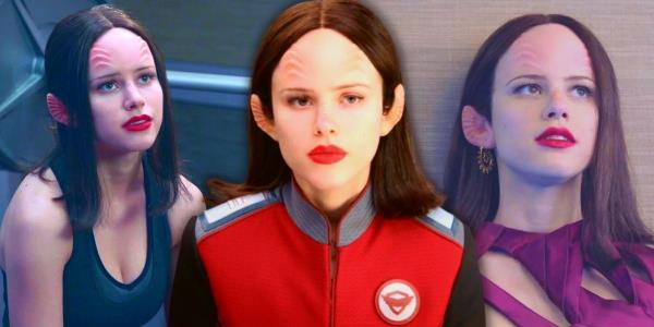 Three shorts of Halston Sage as Alara in the Orville.